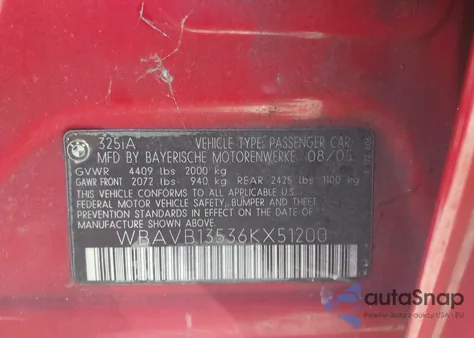 2006 BMW 325I z USA, uszkodzony, nr VIN WBAVB13536KX51200